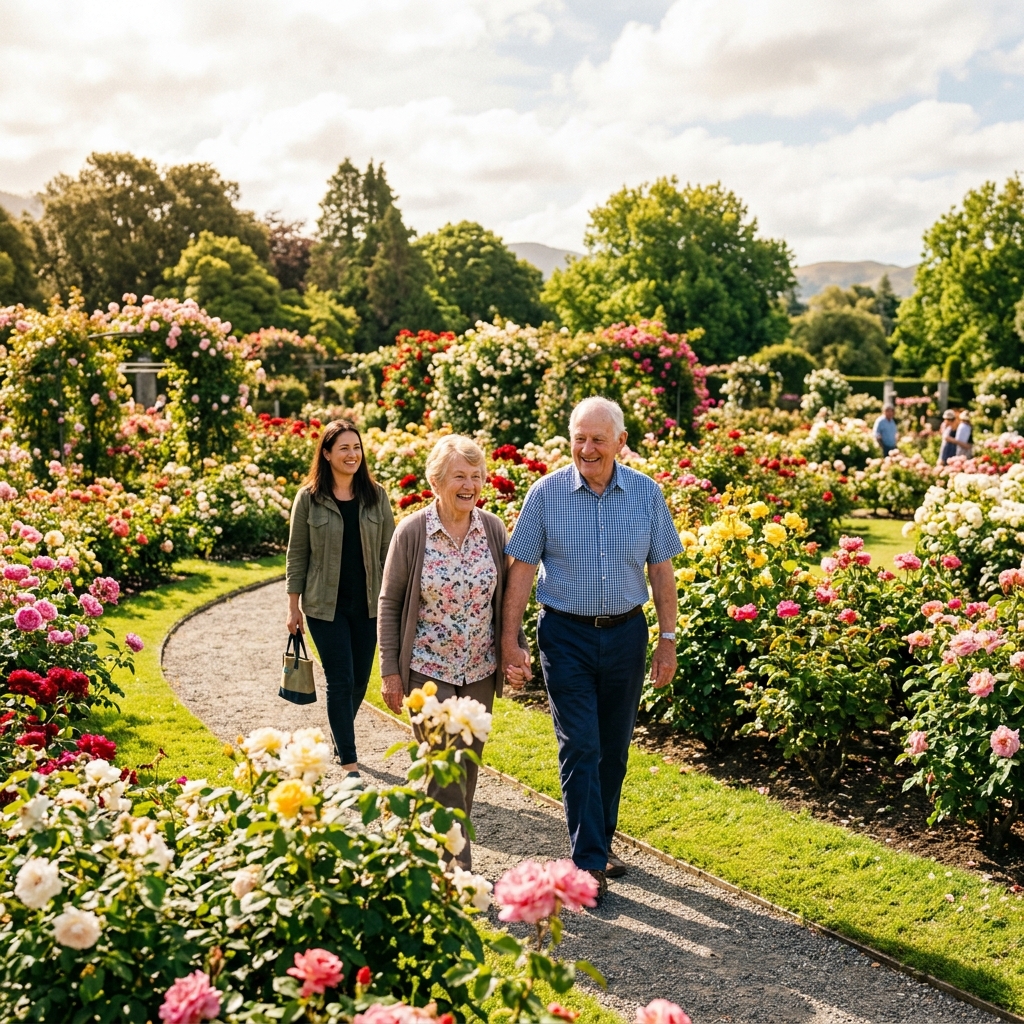 Elderly woman walking through a beautiful garden